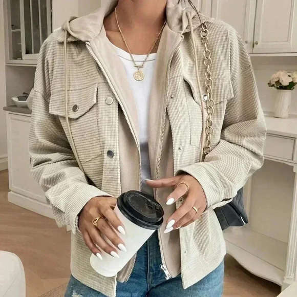 Apricot Casual Women's Flap Pocket Drop Shoulder Drawstring Hooded Jacket - Picture 5 of 6